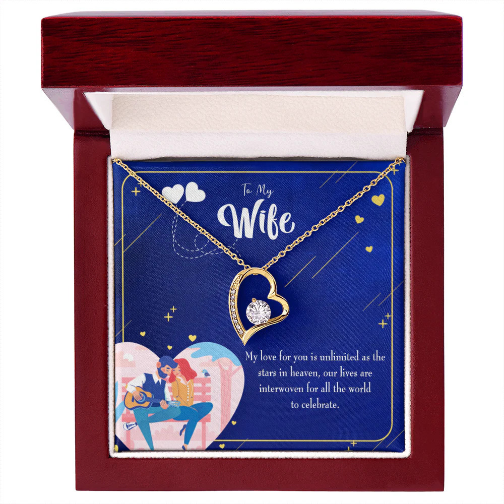 Wife Unlimited Love Forever Love CZ Heart Necklace Yellow Gold Luxury Box